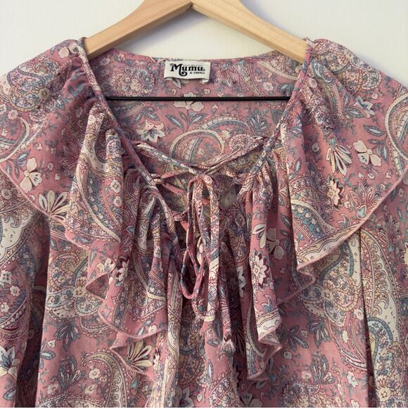 Show Me Your MuMu Sheer Long Sleeve Peasant Top Floral Paisley Lace Up Neckline - Picture 3 of 13